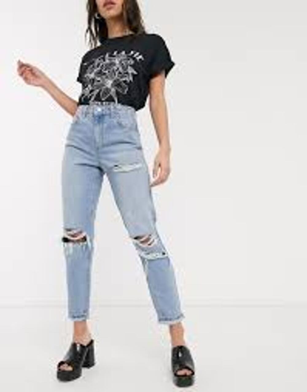 Topshop Super-Rip Distressed Mom Jeans Bleach High Rise Button Fly 28 Light Wash